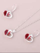 Conjunto Colar e Brincos Coração Prata 925 com Zircônia Vermelha Joia Feminina Elegante