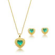 Conjunto Colar e Brincos Coração Verde Claro Banhado a Ouro 18k