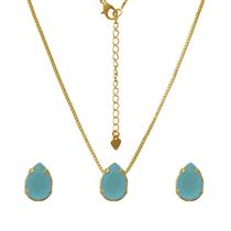 Conjunto Colar e Brincos de Cristais em Gota Coloridos Folheado em Ouro 18K Softjoias