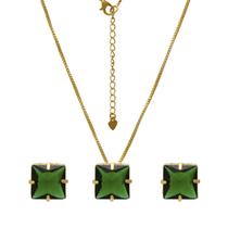 Conjunto Colar e Brincos de Cristais Quadrados Folheado em Ouro 18K Softjoias Conjunto Colar e Brincos de Cristais Quadrados Folheado em Ouro 18K Softjoias