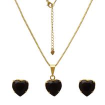 Conjunto Colar e Brincos em Forma de Coração Colorido Folheado em Ouro 18K Softjoias