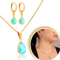 Conjunto Colar e Brincos Feminino Banhado a Ouro 18k Semijoias Gotas Azul Conjunto Colar e Brincos Feminino Banhado a Ouro 18k Semijoias Gotas Azul