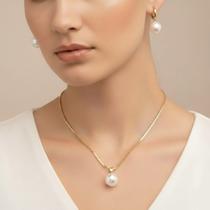 Conjunto Colar E Brincos Femininos Luxo Pérola Folheado A Prata