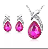 Conjunto Colar E Brincos Formato De Gota Cor Prata C/Pink