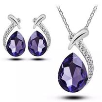 Conjunto Colar E Brincos Formato De Gota Cor Prata Com Roxo