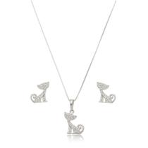 Conjunto Colar e Brincos Gato Charmoso Prata 925 Conjunto Colar e Brincos Gato Charmoso Prata 925