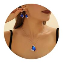 Conjunto Colar e Brincos Pedras Strass Luxo Tendência Azul -