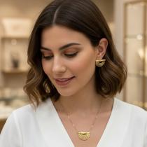 Conjunto Colar e Brincos Pingente meio círculo vazado banhado a Ouro 18k