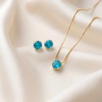 Conjunto colar e brincos ponto de luz zircônia azul turquesa banhado a ouro 18k Conjunto colar e brincos ponto de luz zircônia azul turquesa banhado a ouro 18k