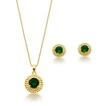 Conjunto Colar e Brincos Redondo Verde Escuro Banhado a Ouro 18k