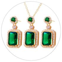 Conjunto Colar e Par Brincos Quadrado Esmeralda Luxo Strass - Conjunto Colar e Par Brincos Quadrado Esmeralda Luxo Strass -