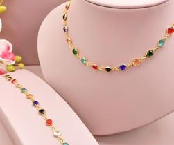 Conjunto Colar e Pulseira Banhado a Ouro 18K com Pedras de Zircônia Coloridas Joias Finas Femininas