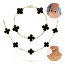 Conjunto Colar e Pulseira Trevos Dourado e Preto Ônix Conjunto Colar e Pulseira Trevos Dourado e Preto Ônix
