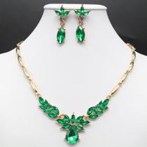 Conjunto Colar Feminino e Brincos Femininos Luxo Verde Cristais - Acessórios Femininos Ideais para Casamento, Noiva e Fe