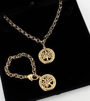 Conjunto Colar Feminino + Pulseira Elo Português Pingente Arvore da Vida Folheado Ouro 18k Presente Moda Tendência