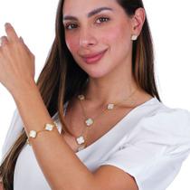Conjunto Colar Gravatinha e Brinco Trevo Pedra Branca Banhado a Ouro 18k