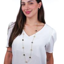 Conjunto Colar Longo e Brinco Trevo Pedra Preta Banhado a Ouro 18K