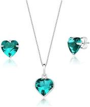 Conjunto Colar + Par Brincos Coração Zircônia Verde Água 45cm
