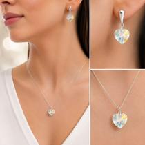 Conjunto Colar Pingente Brinco Coração Cristal Prata 925 Legítima Antialérgico Conjunto Colar Pingente Brinco Coração Cristal Prata 925 Legítima Antialérgico