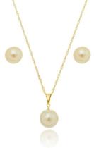 Conjunto Colar Pingente Brincos Pérola Folheado Ouro 18k Top