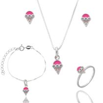 Conjunto Colar Pingente Pulseira Brinco Anel Infantil Prata / 40 / Sorvete Conjunto Colar Pingente Pulseira Brinco Anel Infantil Prata / 40 / Sorvete