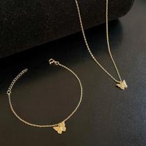 Conjunto Colar + Pulseira Cadeado Com Pingente Borboleta Lisa Colar Banhado a Ouro, Feminino