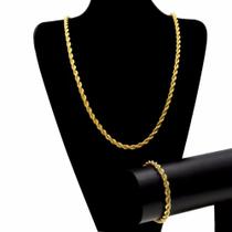 Conjunto Colar Pulseira Cordão Baiano Dourado e Prata em Aço Inoxidável 316L Unissex
