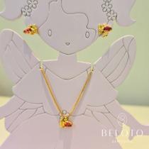 Conjunto colar regulavel + brincos infantil peixe com zirconia banhado em ouro 18k