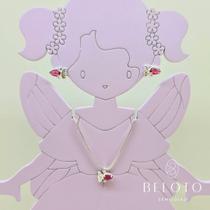 Conjunto colar regulavel + brincos infantil peixe com zirconia banhado em prata 925