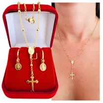 Conjunto Colar Terço E Brinco Rosário Medalha Milagrosa Banhado a Ouro 18k
