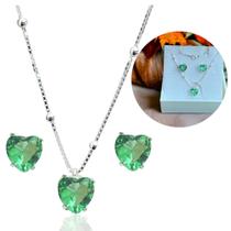 Conjunto Colar Veneziana Bolinha 40Cm de Prata 925 Coração 7,5 mm Verde Claro + Caixinha Rf216 Conjunto Colar Veneziana Bolinha 40Cm de Prata 925 Coração 7,5 mm Verde Claro + Caixinha Rf216