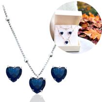 Conjunto Colar Veneziana Bolinha 40Cm de Prata 925 Coração Azul Safira 7,5 mm + Caixinha Rf216