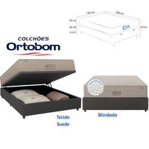 Conjunto Colchão Ortobom Airtech Casal 138x188 Molas Pocket + Cama Box Baú Blindada Suede Resistente e Funcional