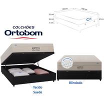Conjunto Colchão Ortobom Airtech Viúva 128x188 Molas Ensacadas + Cama Box Baú Blindada Suede para Quartos Compactos