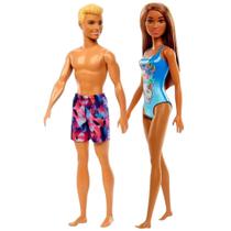 Conjunto Colecionável Casal Bonecos Mattel Boneca Barbie Morena Maiô Azul + Boneco Ken Praia