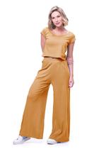 Conjunto color blusa e pantalona em crepe sustentável mostarda