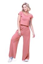 Conjunto color blusa e pantalona em crepe sustentável rosa candy