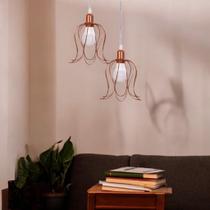 Conjunto Com 02 Lustre Pendente Base Dupla Tulipa Aramado Luminária Moderno 127v 220v ROSE GOLD FIO CRISTAL
