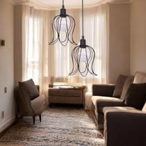 Conjunto Com 02 Lustre Pendente Base Dupla Tulipa Aramado Luminária Moderno 127v e 220v PRETO FIO PRETO