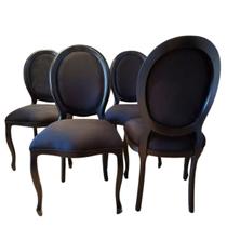 Conjunto com 04 Cadeiras Medalhão em Madeira Laca Preta Estofado Preto