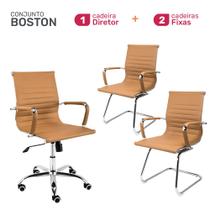 Conjunto com 1 Cadeira Diretor Giratória e 2 Cadeiras Executivas base fixa para Escritório Esteirinha Boston Caramelo