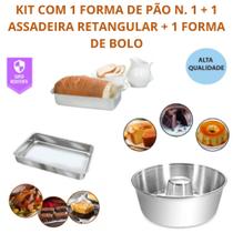 Conjunto Com 1 Forma de Pão N. 1 + 1 Assadeira Retangular N. 1 + 1 Forma De Bolo Ou Pudim Tamanho 20