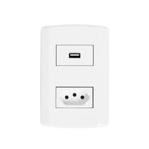 Conjunto com 1 Tomada USB + 1 Tomada 2P+T 20A 250V, Modular, com Placa 4x2 e Suporte Branco Conjunto com 1 Tomada USB + 1 Tomada 2P+T 20A 250V, Modular, com Placa 4x2 e Suporte Branco