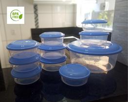 Conjunto com 10 potes redondo, kit de pote plástico para alimentos, BPA free.