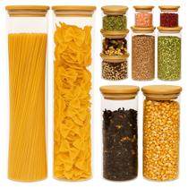 Conjunto com 11 Potes de Vidro Hermético com Tampa de Bambu para Marmita Freezer Cozinha