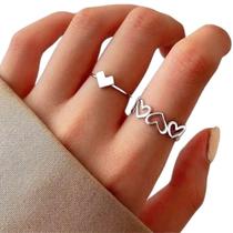 Conjunto Com 2 Anéis Femininos Prata Corações Minimalista