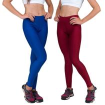 Conjunto com 2 Calças Legging Fitnes Suplex Lisa Cintura Alta Azul Bic e Vermelha