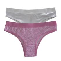 Conjunto com 2 Calcinhas B+ Estampa Folhas Rosa Antigo/Lisa Branco P - Basic+