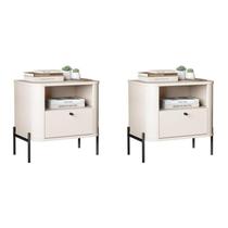 Conjunto com 2 Mesas de Cabeceira Curva 1 Gaveta e 1 Nicho Pés e Puxadores em Metal 45cm Tucupí Bege Conjunto com 2 Mesas de Cabeceira Curva 1 Gaveta e 1 Nicho Pés e Puxadores em Metal 45cm Tucupí Bege