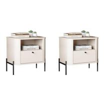 Conjunto com 2 Mesas de Cabeceira Curva Gaveta 1 Nicho Pés e Puxadores em Metal 45cm Tucupí Bege Off White/Preto Conjunto com 2 Mesas de Cabeceira Curva Gaveta 1 Nicho Pés e Puxadores em Metal 45cm Tucupí Bege Off White/Preto